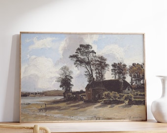Jules Dupré - The Estuary Farm (1830) | Vintage Poster, Riverside Painting, Farmhouse Decor, River Landscape, Cottage Decor, Countryside Art
