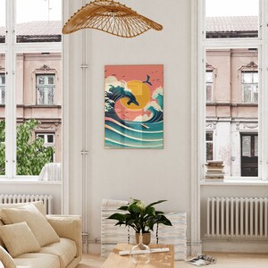 May include: A colorful illustration of a wave with a whale jumping out of it. The sun is setting behind the wave, and there is a small boat in the water. The background is a pink and orange gradient.