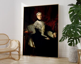 May include: A painting of a woman in a black dress and white lace collar sitting in a chair. The background is a dark red.