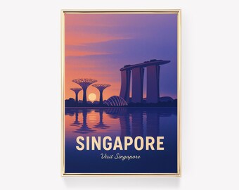 Marina Bay Singapore Travel Poster, Vintage Wall Art, Singapore Print, Travel Decor, Gift for Travelers