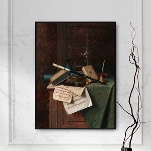William Michael Harnett - Jarrón y lámpara romana (1885) - Pintura al óleo vintage - Naturaleza muerta - Póster musical Impresión Arte Decoración de pared de regalo para el hogar
