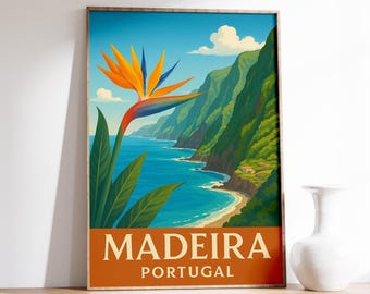 Madeira reseposter, Portugal väggkonst, kustklippa, tropisk blommaposter, Atlanten-tryck