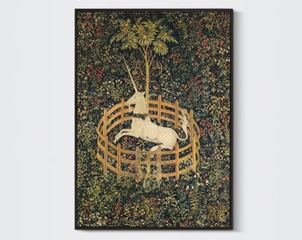 The Unicorn in Captivity (from the Unicorn Tapestries) - Poster Print Decor - Unicorn Art - Vintage Floral - Medieval Decor - Medieval Art