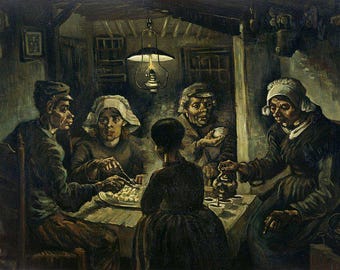 May include: A painting depicting a group of people gathered around a table in a dimly lit room. The scene is illuminated by a single oil lamp hanging from the ceiling. The people are dressed in simple clothing and appear to be enjoying a meal together. The painting is done in a realistic style with a focus on capturing the mood and atmosphere of the scene.