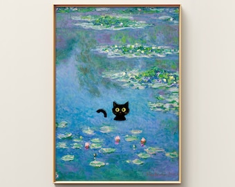 Monet Waterlily Cat Print | Funny Print | Claude Monet Cat Poster | Black Cat Art | Floral Poster | Cat Art Print | Living Room Decor