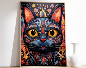 Mexican Cat Poster | Cat Print | Vintage Mexican Wall Art | Mexicn Folk Art Print