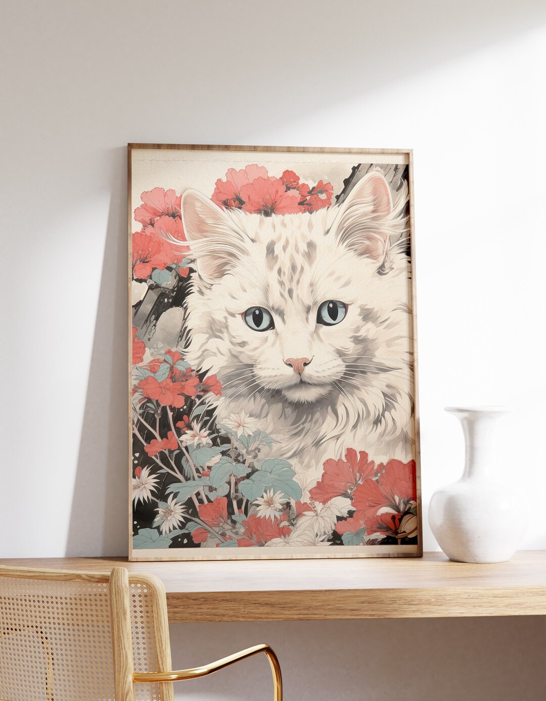 Japanese White Cat Poster | Animal Poster | White Cat Art Print ...