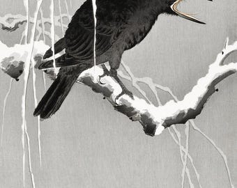 Japanese Crow Art | Winter Bird Print | Ohara Koson | Vintage Painting | Nature Wall Art | Crow Print