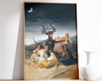 Könnte beinhalten: Ein gerahmtes Gemälde, das eine dunkelhäutige, gehörnte Figur mit einer Blätterkrone zeigt, umgeben von Menschen in einer Landschaft. Das Gemälde hat einen dunklen, stürmischen Himmel mit einer Mondsichel.