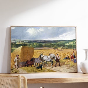 May include: A painting depicting a rural scene with a horse-drawn wagon carrying hay bales. The wagon is being pulled by three horses, and there are people in the background. The painting is set in a field with trees and a distant town in the background.