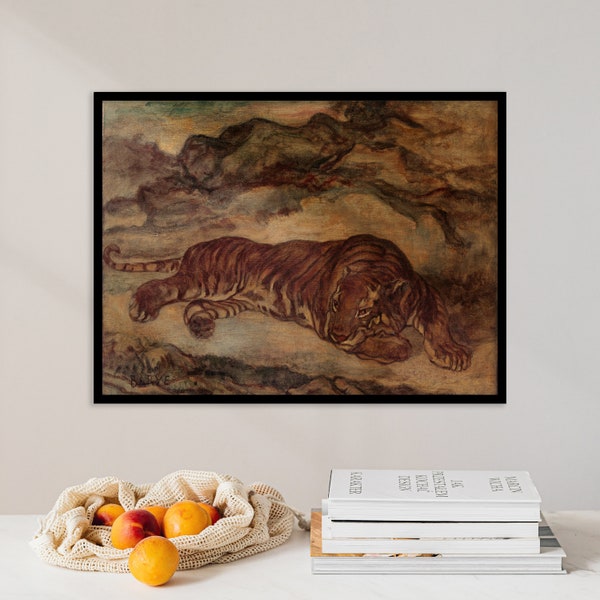 Tiger Oil Painting | Antoine-Louis Barye - Tiger in Repose (1850) | Vintage Tiger Print | Animal Poster | Farmhouse Decor | Bedroom Art Gift