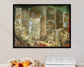 May include: A framed print of a classical painting depicting a gallery filled with architectural renderings and sculptures. The artwork features a detailed interior scene with figures and various classical structures, framed in a black border.