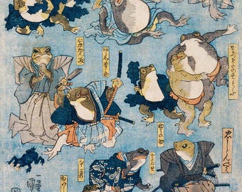 Samurai Frogs Print | Utagawa Kuniyoshi | Amphibious Art | Vintage Samurai | Frog a | Vintage Painting | Japan Poster