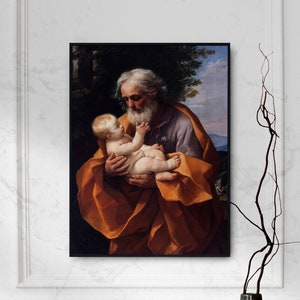 Guido Reni - São José e Jesus Cristo Criança Bebê Cristianismo - Impressão artística Pintura Cartaz Presente Foto Parede Decoração de Casa Boho