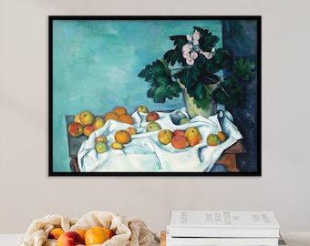 Paul Cézanne - Still Life with Apples and a Pot of Primroses (1890) - Reproduction Painting Photo Poster Print Art Gift Vintage - Cezanne