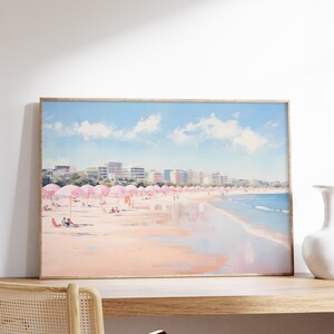 Abstract Coastal Painting | Girly Apartment Decor Seascape Print Umbrella Painting | Pink Wall Art Vintage Beach Print