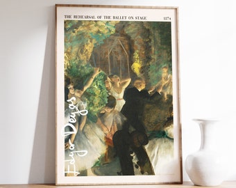 May include: A framed painting of a ballet rehearsal on stage. The painting is by Edgar Degas and is titled "The Rehearsal of the Ballet on Stage." The painting is set in a green and brown color scheme and depicts a group of dancers in white tutus and a man in a black suit.
