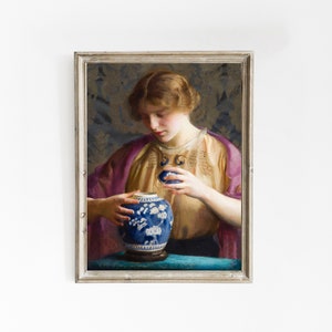 William McGregor Paxton - Der blaue Krug (1913) | Vintage Poster, Antike Malerei, Klassische Wandkunst, Frauenportrait, Vasenmalerei