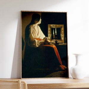 Georges de La Tour - La Magdalena Penitente (1640) / Cartel vintage / Impresión de la Academia Oscura, Arte de la pared del cráneo, Pintura cambiante, Bellas Artes con velas