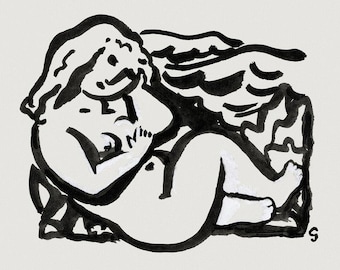 May include: Black and white line drawing of a person laying down with their arm around their head. The person is surrounded by abstract shapes.