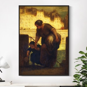 Op de afbeelding: Een schilderij van een vrouw in een bruine jurk die een kind in een blauwe jurk helpt een trap af te dalen. De achtergrond is een wazige stadsgezicht.