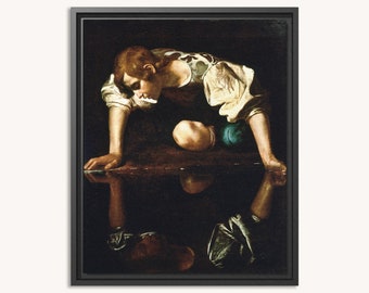 Tela emoldurada premium | Caravaggio - Narciso (1597) | Pintura vintage | Impressão barroca | Decoração barroca | Arte de parede em tela | Decoração para casa