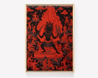 May include: A black and red painting depicting a deity with multiple arms and a crown of flames. The deity is surrounded by smaller figures and flames.