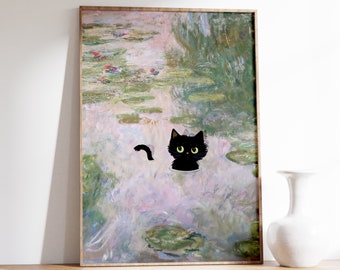 Stampa del gatto con le ninfee di Monet / Stampa divertente / Poster del gatto di Claude Monet / Arte del gatto nero / Poster floreale / Poster della mostra / Stampa artistica del gatto