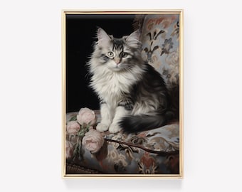 Estampado antiguo de gato adorable / Póster victoriano de estilo academia oscura / Arte mural de Halloween / Estampado de bruja oscura / Pintura estética cottagecore