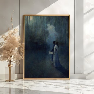 a painting of two people standing in a dark forest