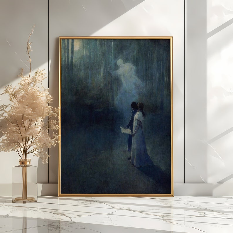 a painting of two people standing in a dark forest