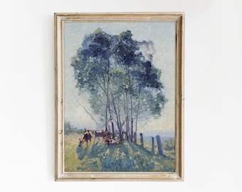 Sztuka ścienna z krową | Obraz z krową | Oprawiony wydruk z krową | Grafika z krową | Antyczny plakat | Sztuka w stylu vintage | Antyczny obraz z farmą | Wystrój wnętrz