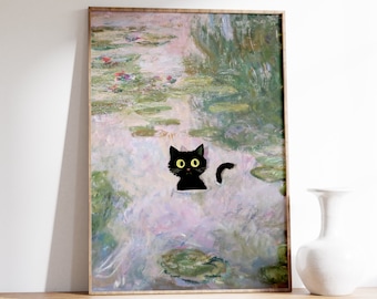 Cat Art Print | Monet Waterlily Cat Print | Funny Print | Claude Monet Cat Poster | Black Cat Art | Floral Poster | Cat Wall Art
