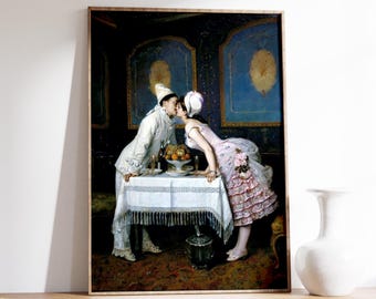 Viktorianische Kuss Kunst | Romantisches Paar Druck | Französischer Vintage-Stil | Der Kuss | Vintage Malerei