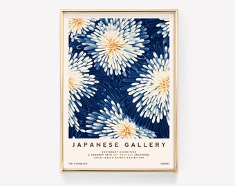 May include: A poster for a Japanese Gallery exhibition featuring a blue and white floral pattern with gold accents. The text reads "Japanese Gallery, Centenary Exhibition, A Journey into Art Nouveau Splendor, Gold Series Prints Exhibition, The Woodblock, Shibori."