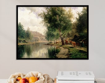 Cows Painting | River Landscape | Cattle Painting | Country Landscape | Farmhouse Decor | Landscape Wall Art | Home Decor Canvas Gift Poster