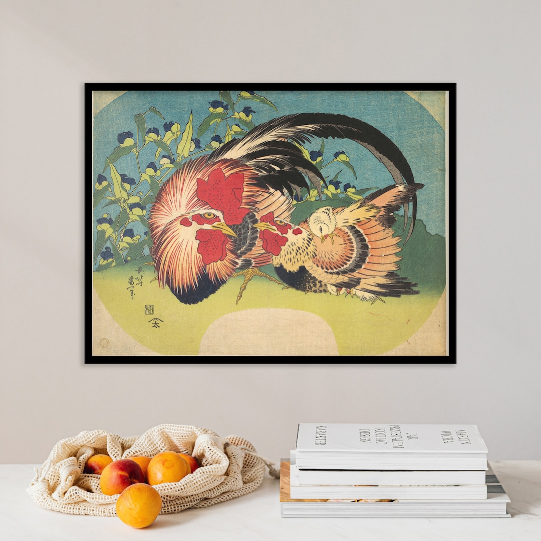 Katsushika Hokusai Print Rooster Hen and Chicken With Spiderwort 1830