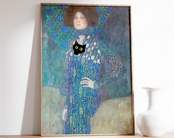 Gustav Klimt Cat Art Print | Klimt Cat Poster | Black Cat Art | Funny Print | Floral Poster | Cat Art Print | Living Room Decor