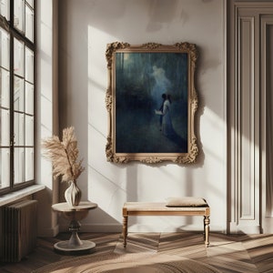 a painting hanging on a wall next to a bench