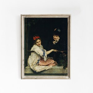 May include: A painting of two women in a window. The woman on the left is wearing a white dress with a red bow in her hair. The woman on the right is wearing a black dress and has her hand on her chin. The painting is set in a dark room with a window in the background.