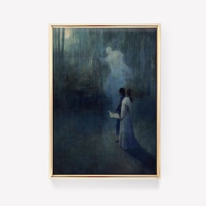 a painting of a man and a woman standing in a dark forest