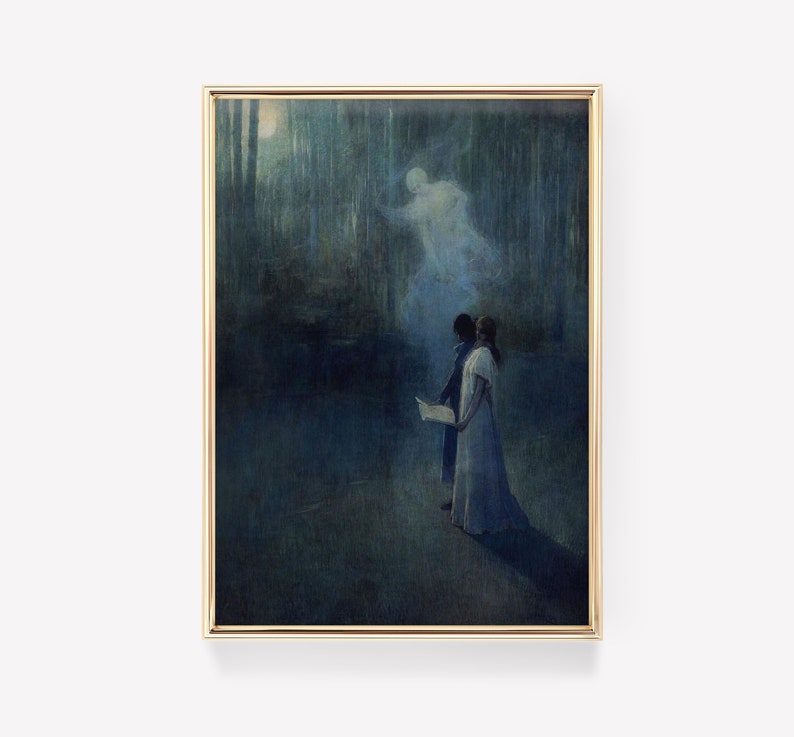 a painting of a man and a woman standing in a dark forest