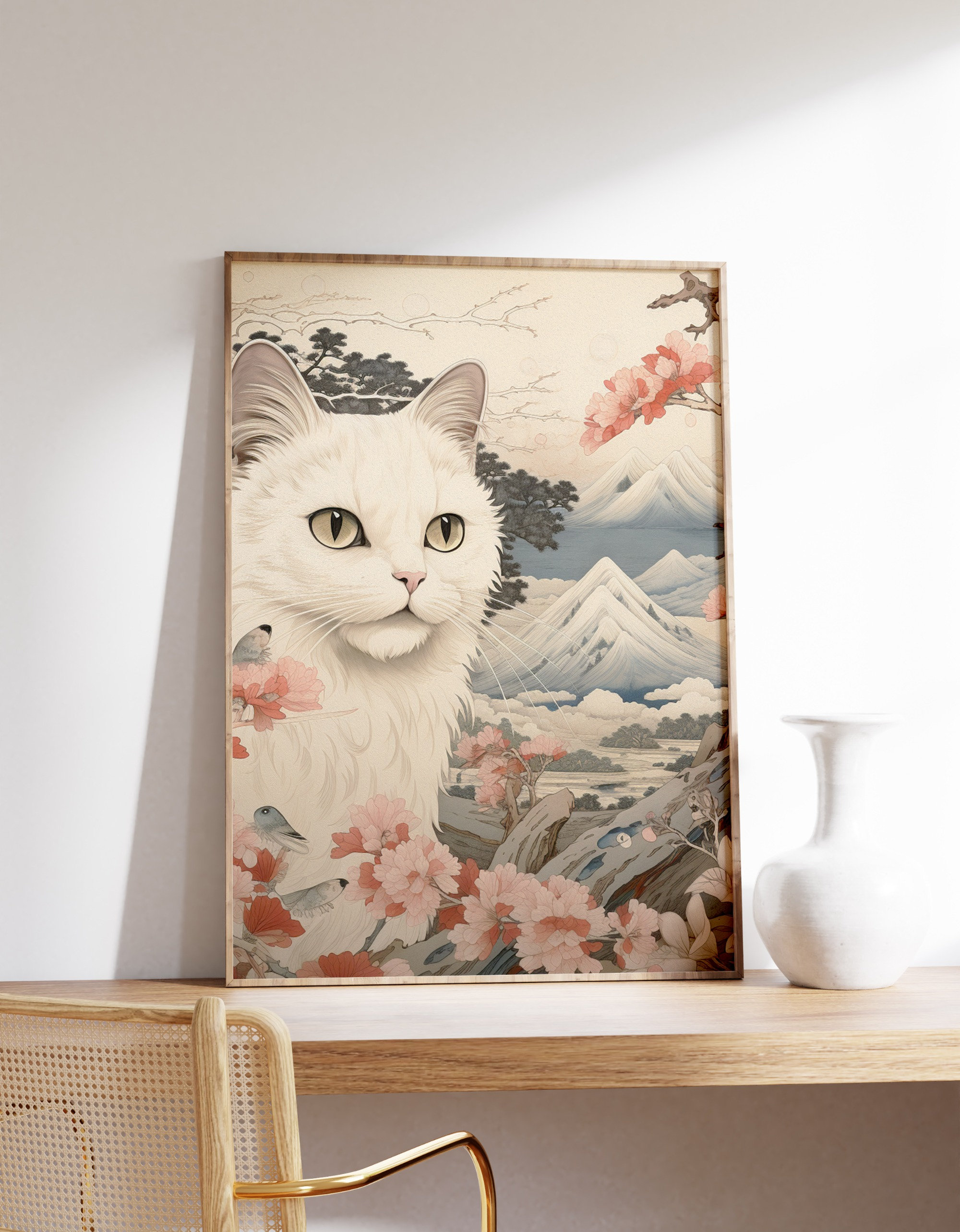 Japanese White Cat Poster | Animal Poster | White Cat Art Print ...