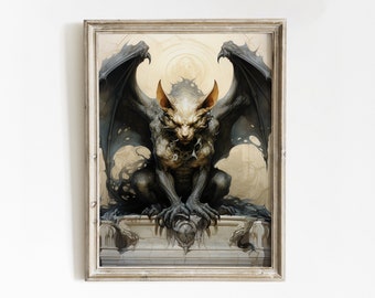 Botanical Gargoyle | Cottagecore Wall Art | Moody Wall Art | Animal Print | Dark Aesthetic Art Painting | Fairycore Print