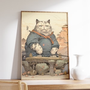 Japanese Fat Kitten Poster | Animal Poster | Fat Kitten Art Print | Animal Art Print | Japanese Wall Art | Ukiyo-e Print