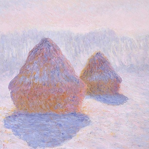 May include: Two large haystacks in a field covered in a light dusting of snow. The haystacks are a pale brown color and the snow is a light blue. The background is a hazy, pale blue.