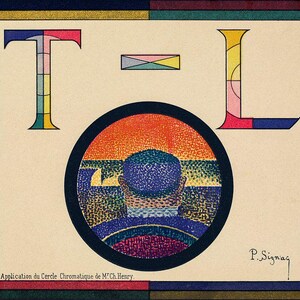 Puede incluir: Una ilustración vintage de las letras "TOL" en un estilo geométrico colorido. Las letras están rodeadas por un círculo negro con una imagen punteada de una persona con un sombrero azul mirando por una ventana. El texto "Application du Cercle Chromatique de M.F.Ch. Henry." está en la parte inferior de la imagen. La firma del artista "P. Signac" está en la esquina inferior derecha.