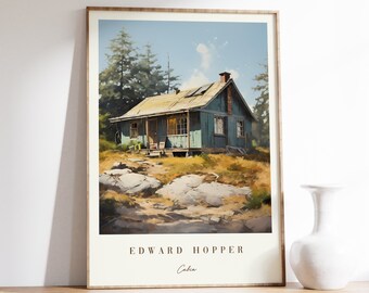 May include: A framed print of a painting by Edward Hopper titled "Cabin". The painting depicts a small, weathered wooden cabin in a rural setting with trees and rocks in the foreground.