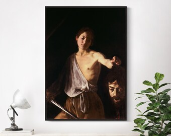 May include: A painting depicting a young man holding a sword, with the severed head of a man in the background. The young man is wearing a white shirt and brown trousers. The painting is executed in a dark, dramatic style.