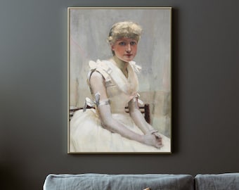 Grafika z białą sukienką w stylu vintage | Antyczny portret kobiety | Plakat z antyczną kobietą | Dekoracja z nastrojową kobietą | Kobieta w bieli | Klasyczna kobieta
